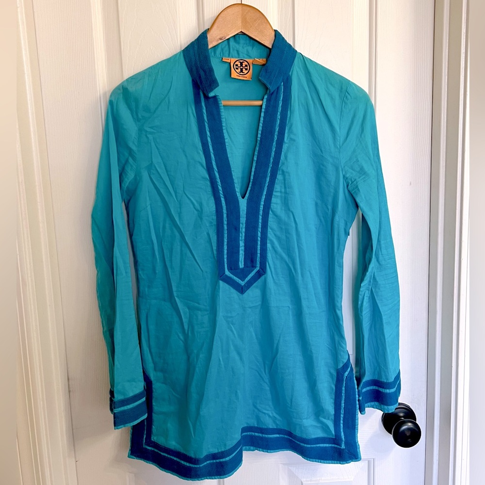 Tory Burch Teal with Navy Trim V-Neck Long Sleeve Tunic Top Size 6